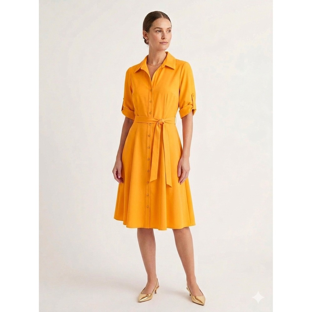 Sharagano Shirt Dress 10 Midi Mustard Yellow Button Front Belt A-Line Fit‎ Flare
